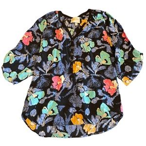 Yumi Kim Silk Floral Tie Sleeve Pullover V Neck Blouse Small